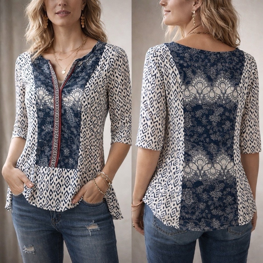 Anthropologie Akemi + Kin Ikat Paisley Floral Split Neck Top